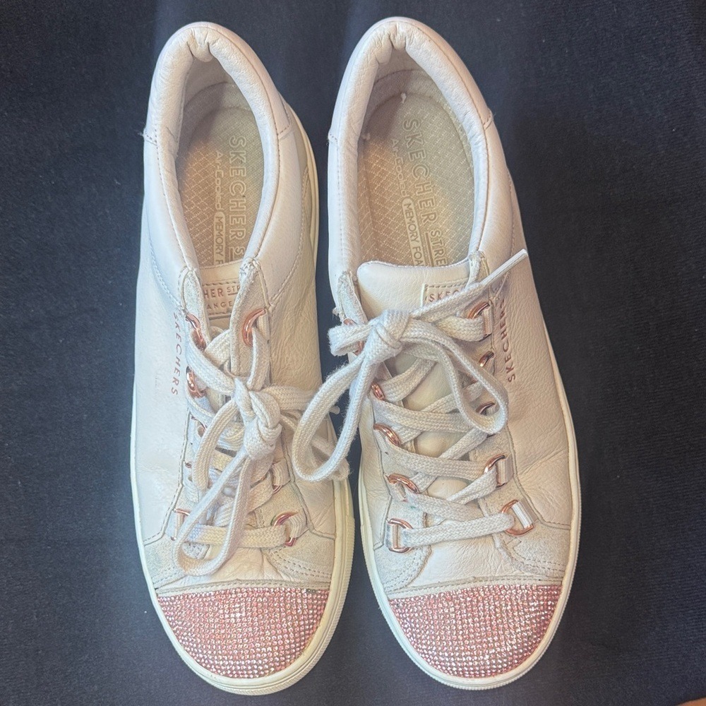 Skechers Street Los Angeles Cream Leather Pink Rhinestone Toe Sneakers Rose Gold - Picture 3 of 7